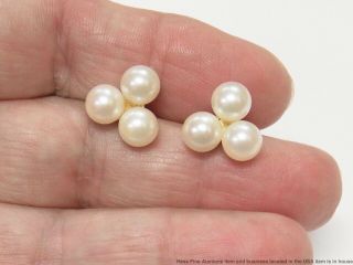 Vintage 14k Gold 6.  5mm Cultured Akoya Pearl Earrings 3 Stone Cluster Large Studs 8