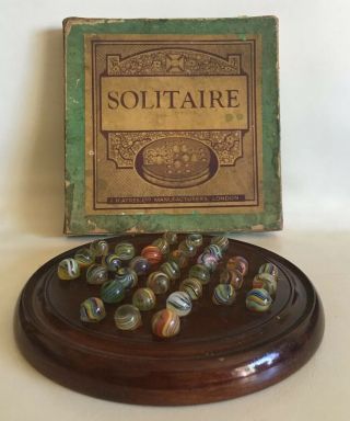 Vtg F.  H.  Ayres Solitaire Game W/ Box & Marbles 6 1/2 " Diam London Uk