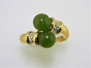 Vintage 14k Yellow Gold Bypass Ring W Apple Green Taiwan Jade & Diamonds,  Sz 5.  5