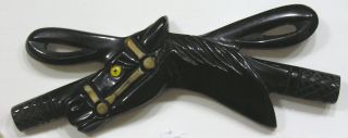 Vtg Jewelry Brooch Early Plastic Bakelite Horse Head And Bow Black And Gold