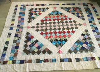 Vintage Patchwork Country Quilt,  Hand Made,  Four Patch,  Calico Prints,  Multi