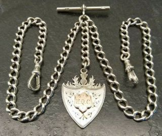 Old Vintage Silver Double Albert Pocket Watch Chain & Fob.  1912 - 13 By T.  F.  38g.