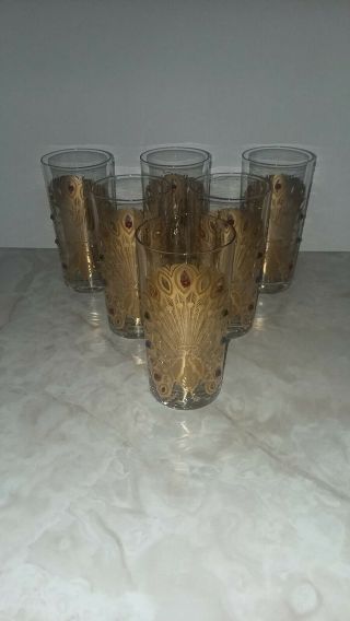 6 Rare Vintage Signed Culver Jeweled 22k Gold Peacock & Flower Drinking Glasses