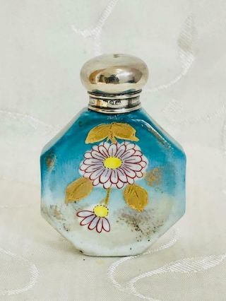 Antique Porcelain Enamel & Gilt Perfume Scent Bottle Silver Lid C1900