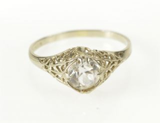 14k Art Deco Cz Solitaire Ornate Filigree Ring Size 6.  75 White Gold 55