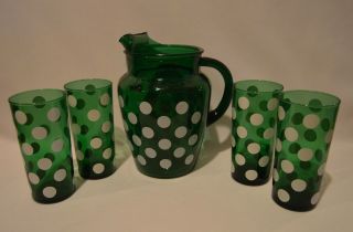 Vintage Anchor Hocking Green Polka Dot Pitcher & 4 Glasses Set