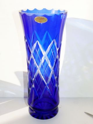 Vintage Badash Russian Ussr Cobalt Blue Hand Cut Crystal Vase Diamond Crisscross