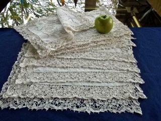12 Vintage Italian Linen Placemats Cutwork Embroidery Point Venise Needle Lace