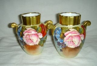 2 Stunning Vintage Aynsley Ja.  Bailey Roses Flowers & Gold Small Urn Shaped Vases