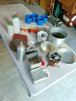 Vintage Coleman 400 Stove Peak 1 W/ Aluminum Carry Case And Cooking Gear In Pics