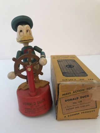 Vintage Late 1940’s Walt Disney Kohner Donald Duck Wood Push Up Toy Puppet 128