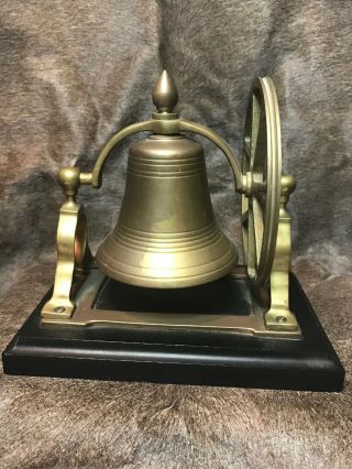Vintage Bronze Ships Bell With Mount Pulley Wheel On A Wooden Base.  Desk Piece