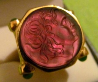 Victorian Gold Emerald Amethyst Carved Intaglio Roman Cameo Wide Ring