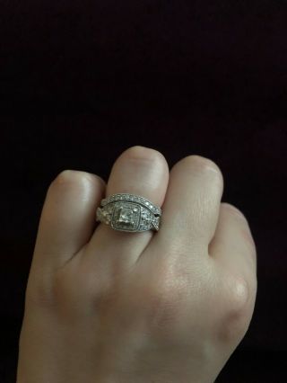Vintage Style 14k White Gold Diamond Engagement Ring & Wedding Band Set