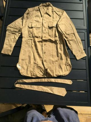 Ww2 Us Army Khaki Service Shirt & Tie,  Vg Size 14 1/2 X32