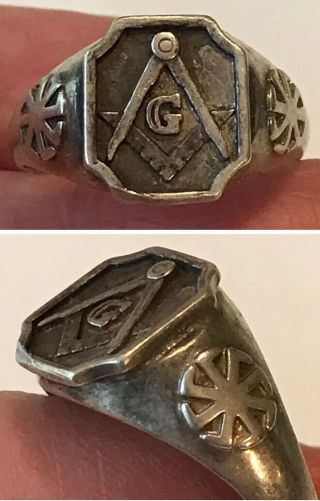 Vintage Sterling Silver Freemason Masonic Mens Ring Size 10