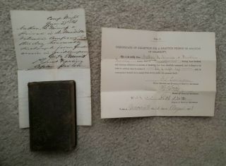 RARE 1860 Leather Pocket Bible Civil War,  1861 military stamp & discharge letter 2