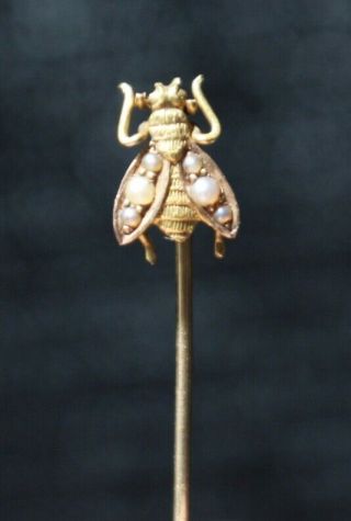 Details Antique 14k Yellow Gold & Seed Pearl Fly Or Honey Bee Stick Pin