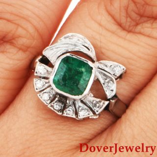 Vintage Diamond 0.  93ct Green Emerald 14k White Gold Ring Nr