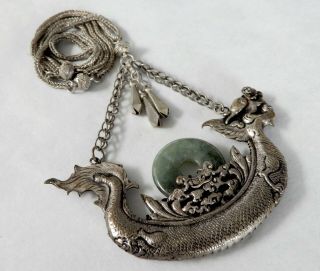 Antique Vintage Silver Chinese Dragon Jade Pendant Necklace B586
