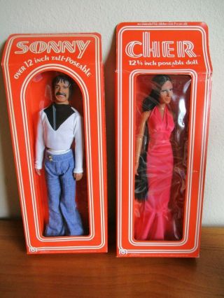 Vtg 1976 Sonny & Cher Action Figure Dolls Mego Corp Never Removed From Box