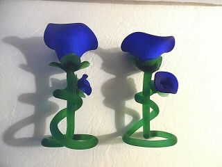 Two Vintage Hand Blown Art Glass Blue Flower W/green Stem Candle Holders