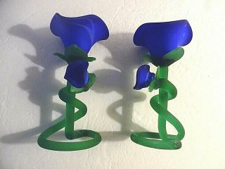 Two Vintage Hand Blown Art Glass Blue Flower W/Green Stem Candle Holders 2