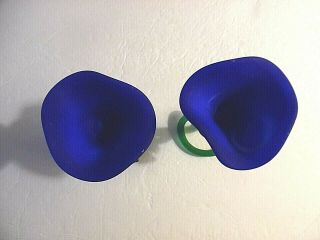 Two Vintage Hand Blown Art Glass Blue Flower W/Green Stem Candle Holders 5