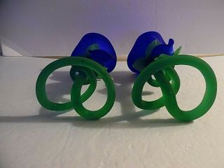 Two Vintage Hand Blown Art Glass Blue Flower W/Green Stem Candle Holders 6