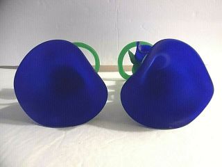 Two Vintage Hand Blown Art Glass Blue Flower W/Green Stem Candle Holders 7