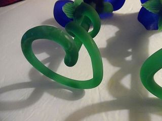 Two Vintage Hand Blown Art Glass Blue Flower W/Green Stem Candle Holders 8