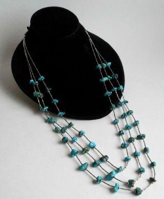 Fine Vintage Navajo Sterling Silver & Turquoise Beads Three Strand Necklace