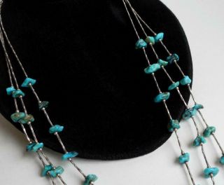 Fine Vintage Navajo Sterling Silver & Turquoise Beads Three Strand Necklace 2