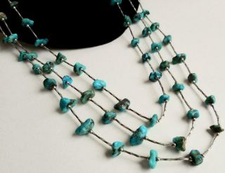 Fine Vintage Navajo Sterling Silver & Turquoise Beads Three Strand Necklace 3
