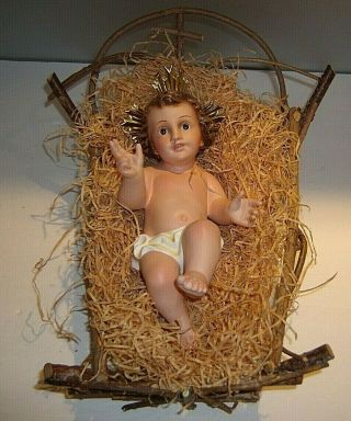 Vtg Church 14” Christmas Nativity Bisque Baby Jesus In Manger Glass Eyes - Spain