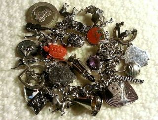 Heavy Vintage Sterling Silver Bracelet & 26 Charms 88 Gr,  7.  50 " Loaded,  Movers