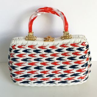 Vintage Purse by Simon Lucite Handles 4th July Red White Blue Woven Wicker 3