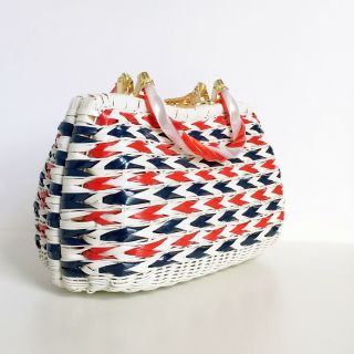 Vintage Purse by Simon Lucite Handles 4th July Red White Blue Woven Wicker 8