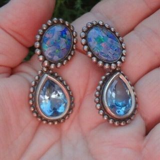 Stephen Dweck Sterling Silver Clip Earrings Mosaic Opal Blue Topaz Estate