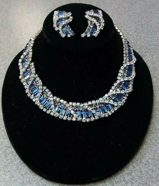 Vintage Kramer Of Ny Blue Rhinestone Necklace/choker & Clip Earrings