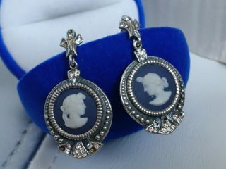 (missing Stones) Vintage Wedgwood Sterling Silver Blue Jasper Cameo Earrings Jw