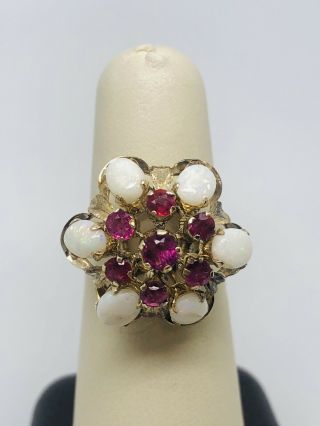 Vintage 14k Yellow Gold Opal And Ruby Princess Ring,  Very Unique