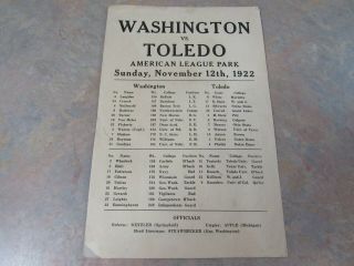 Rare 1922 Washington Senators Vs.  Toledo Maroons Football Program 2