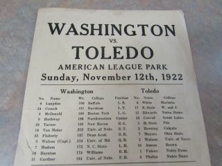 RARE 1922 WASHINGTON SENATORS VS.  TOLEDO MAROONS FOOTBALL PROGRAM 2 2