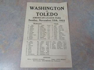 Rare 1922 Washington Senators Vs.  Toledo Maroons Football Program 1