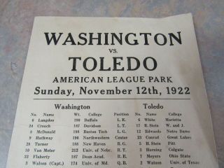 RARE 1922 WASHINGTON SENATORS VS.  TOLEDO MAROONS FOOTBALL PROGRAM 1 2