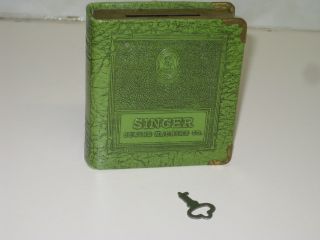 VINTAGE OLD SINGER COIN BANK BOOK OR MONEY BOX WITH KEY,  GREEN COLOUR 2