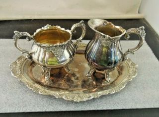 Vintage Baroque By Wallace Silver Plate 3 Piece Sugar Creamer & Tray