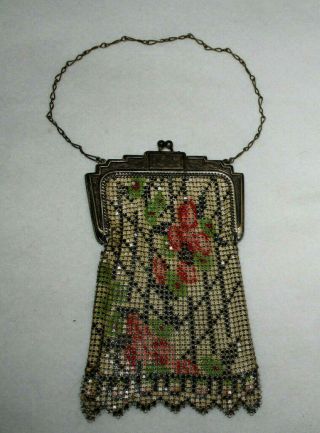 ANTIQUE ART DECO FLORAL TAPESTRY METAL MESH FLAPPER PURSE Whiting & Davis 2