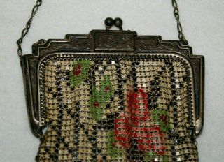 ANTIQUE ART DECO FLORAL TAPESTRY METAL MESH FLAPPER PURSE Whiting & Davis 3